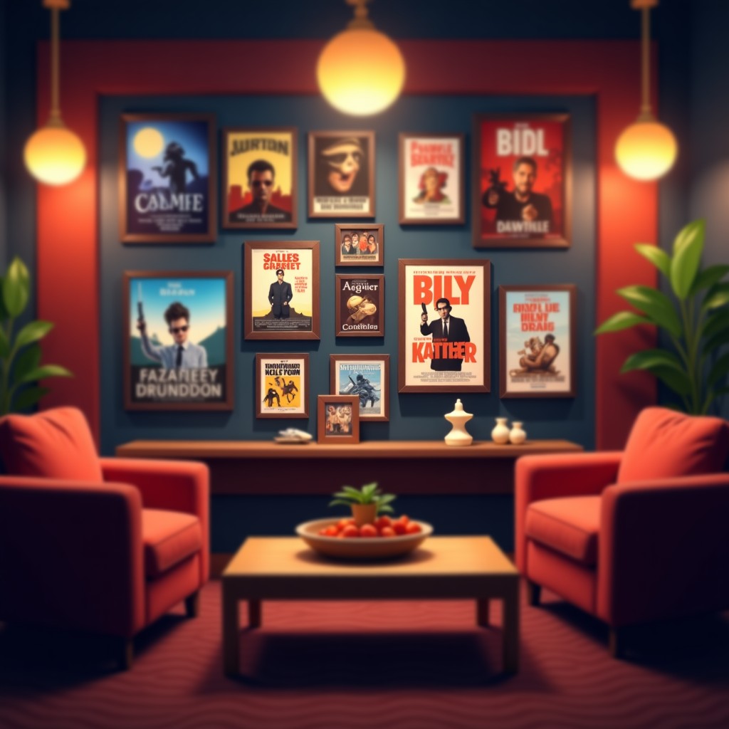 Diverse collection of movie posters and film strips floating in a cozy home cinema setting, high resolution, soft focus background, 4:3 aspect ratio
