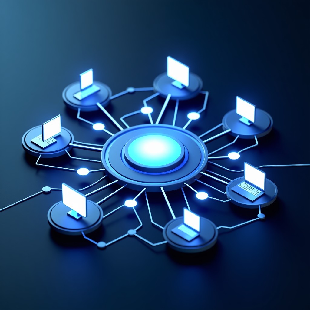 A high-tech digital hub visualization with interconnected nodes representing streaming platforms, modern and sleek aesthetic, 4:3 aspect ratio