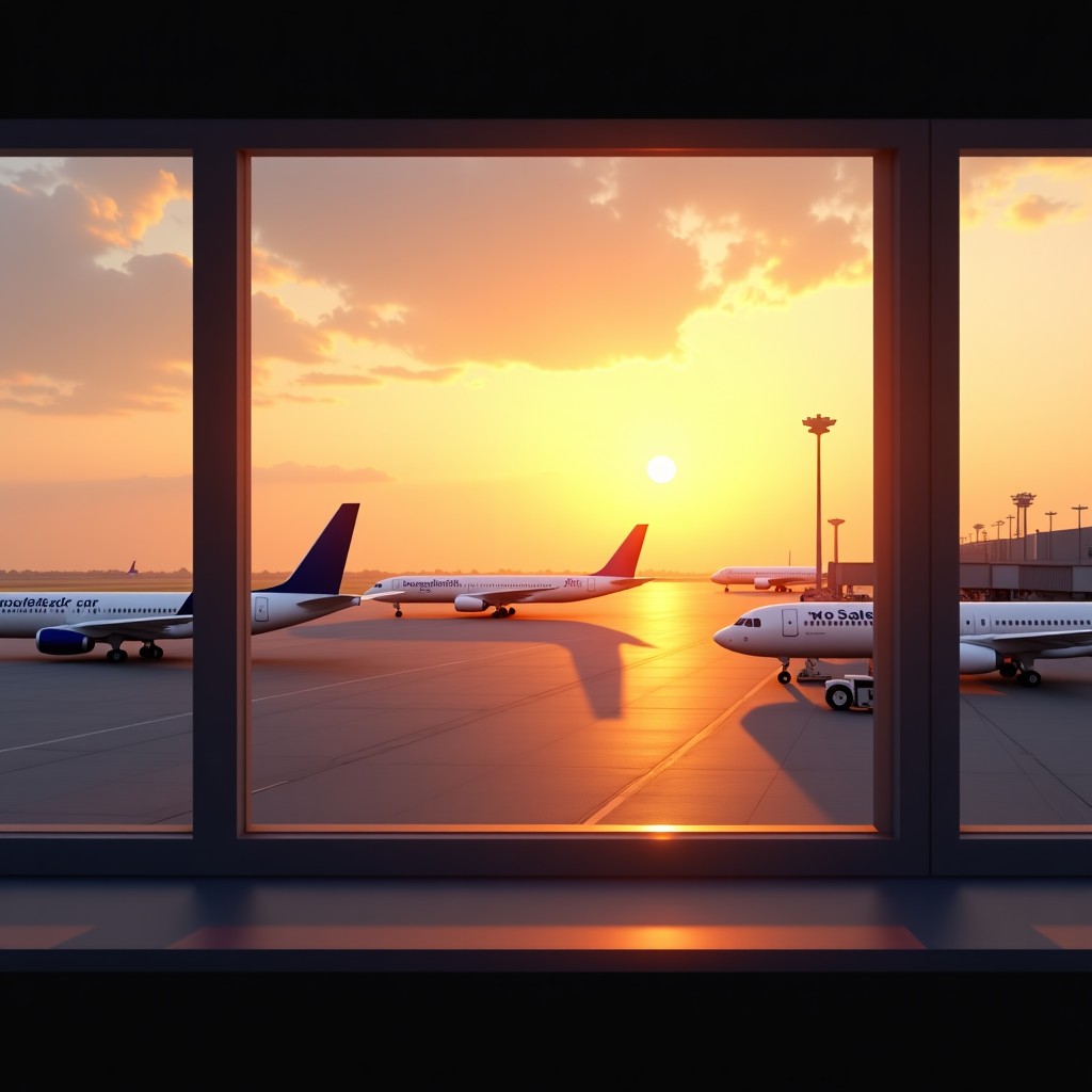 A view from an airport terminal window looking out at airplanes on the tarmac, golden hour lighting, peaceful atmosphere, realistic, 4:3