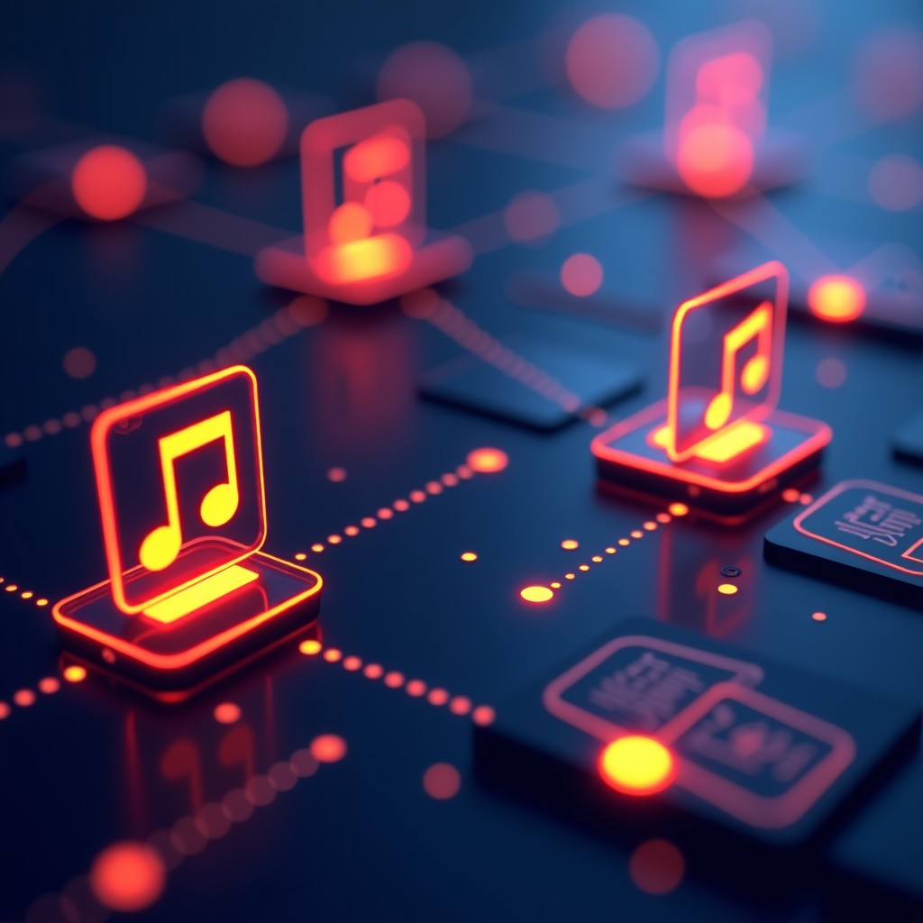 Abstract representation of digital music connectivity with glowing lines connecting icons of a music player and live concert tickets, modern dark mode aesthetic, 4:3