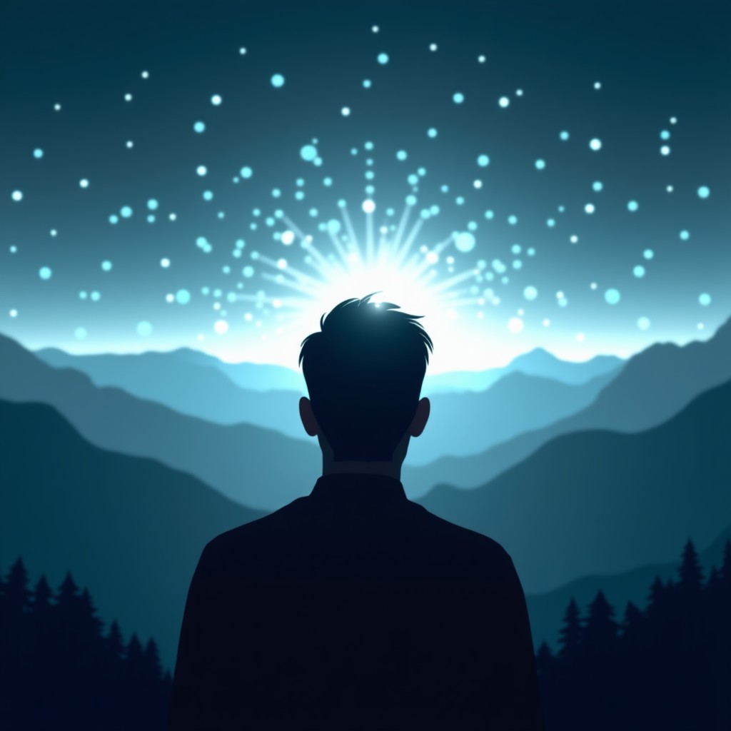 A silhouette of a person looking at a digital horizon composed of floating light, hopeful yet cautious atmosphere, clean composition, artistic photography, 16:9 aspect ratio.