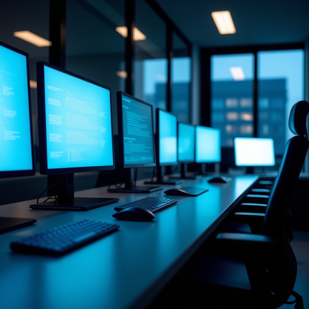 Minimalist office desk with multiple screens showing data refocusing, modern corporate atmosphere, professional photography, 1:1