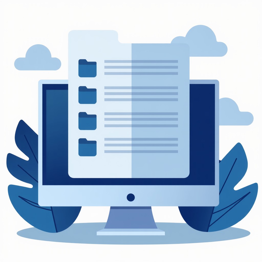 A conceptual image of digital files being organized and archived, clean interface style, blue and grey color palette, 4:3