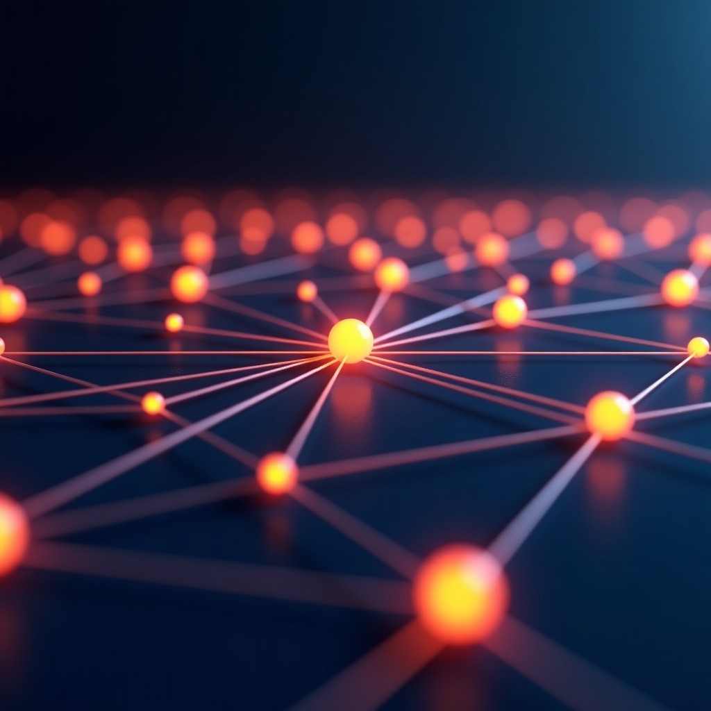 A glowing network of AI connection nodes representing future technology competition, clean dark background, 16:9