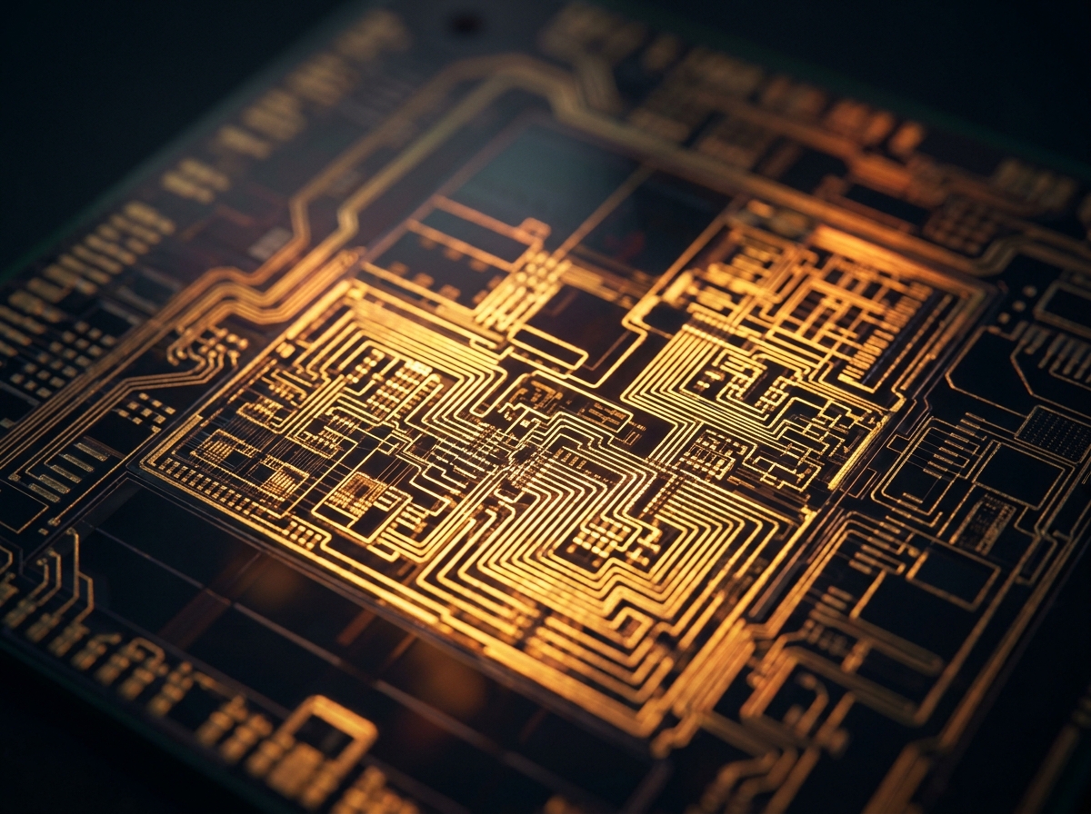 복잡한 반도체 회로가 강조된 디자인