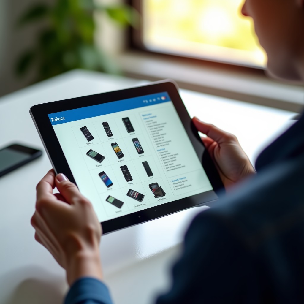 Close up of a person using a tablet to compare various product specifications, bright and balanced workspace, professional photography, 4:3