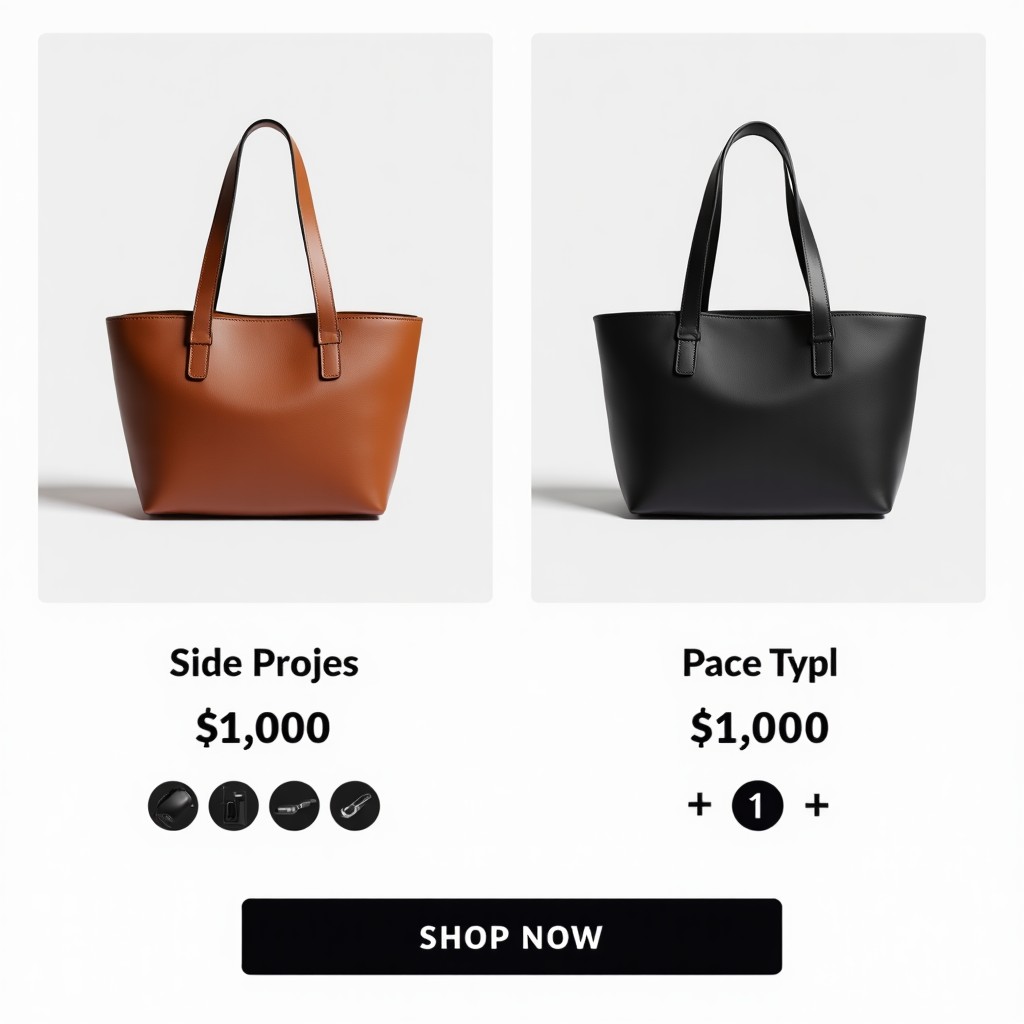 A modern shopping interface showing side by side product comparison, clean aesthetic, high contrast, 4:3