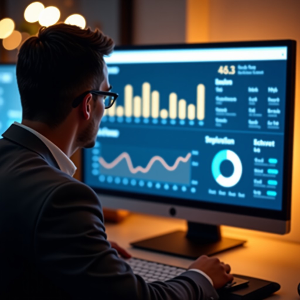Professional working on analytics dashboard on a monitor, data visualization in the background, bokeh effect, warm and focused atmosphere, 4:3.