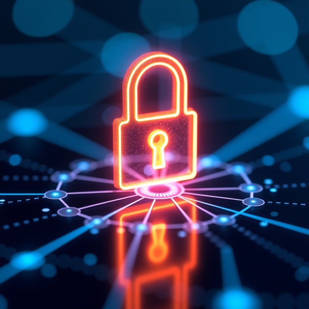 A close up of a digital padlock icon made of light, hovering over a network node, professional technology concept, vivid color palette, 4:3 aspect ratio.