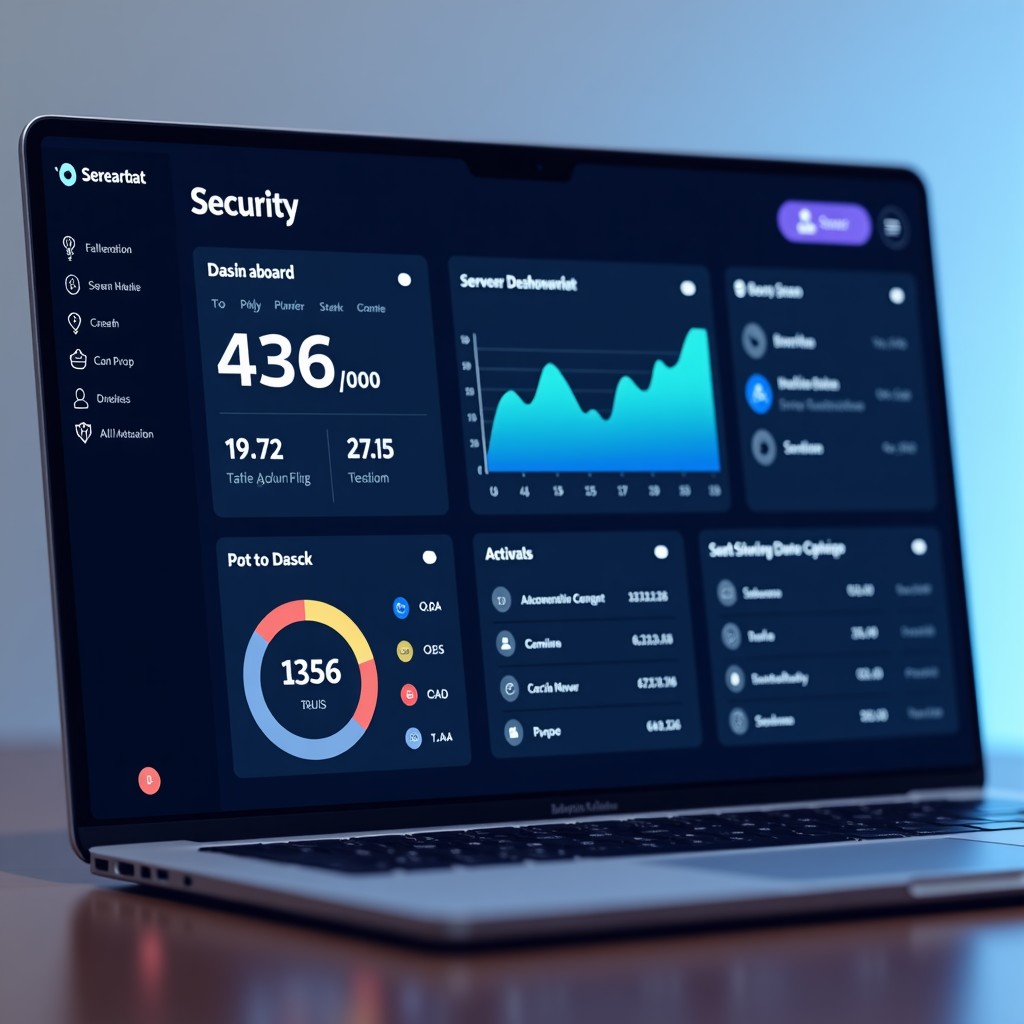 Modern digital dashboard displaying server security and data traffic, professional interface design, clean and minimalist, 4:3
