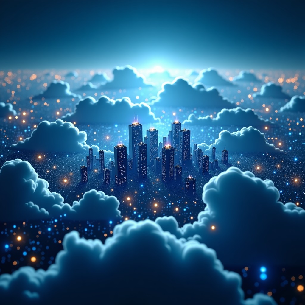 Wide view of modern global infrastructure and interconnected cloud computing centers, cinematic lighting, conceptual, 4:3