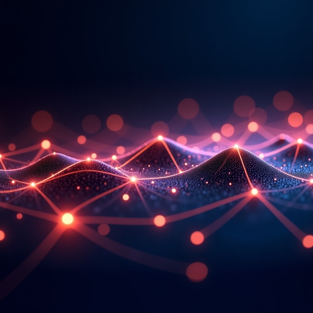 Abstract representation of digital identity protection in music, glowing interconnected nodes and lines in a futuristic musical wave pattern, elegant dark background, deep colors, 4:3