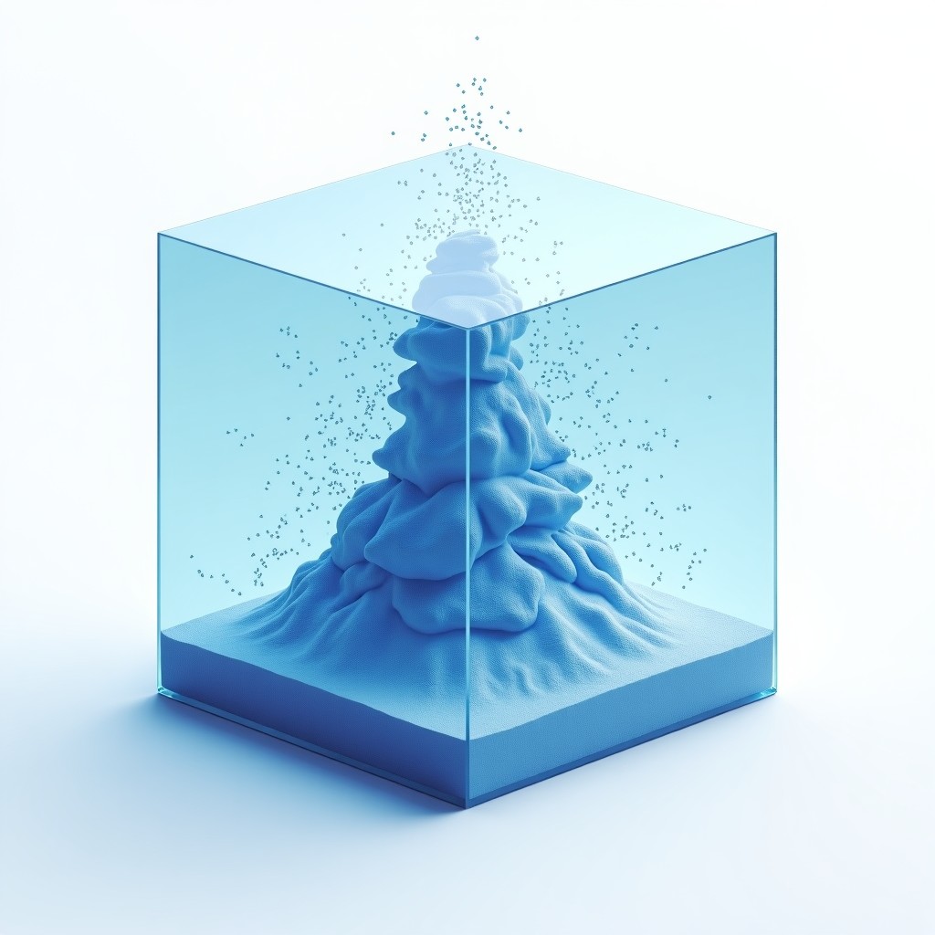 Conceptual art of a digital glass cube containing complex coding structures, representing a sandboxed environment, clean white background, futuristic technology, 4:3