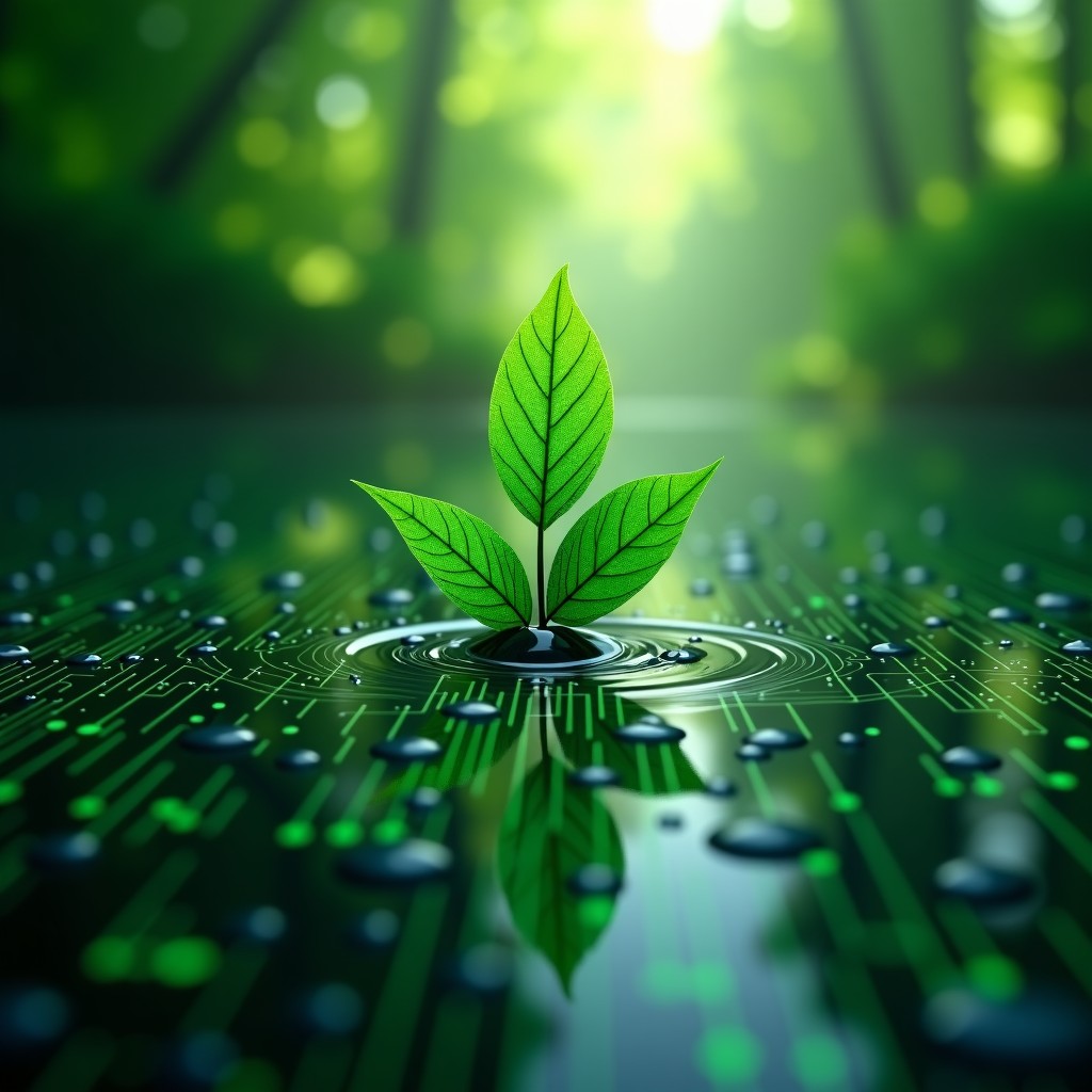 An abstract visual representation of digital circuits merging with natural elements like green leaves and water droplets, modern aesthetic, high contrast, clean composition, 4:3