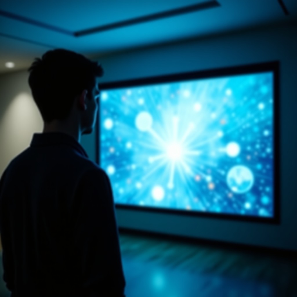 A person looking at a digital projection of light and data in a dark, clean, modern room, depth of field, natural lighting, 4:3 aspect ratio.