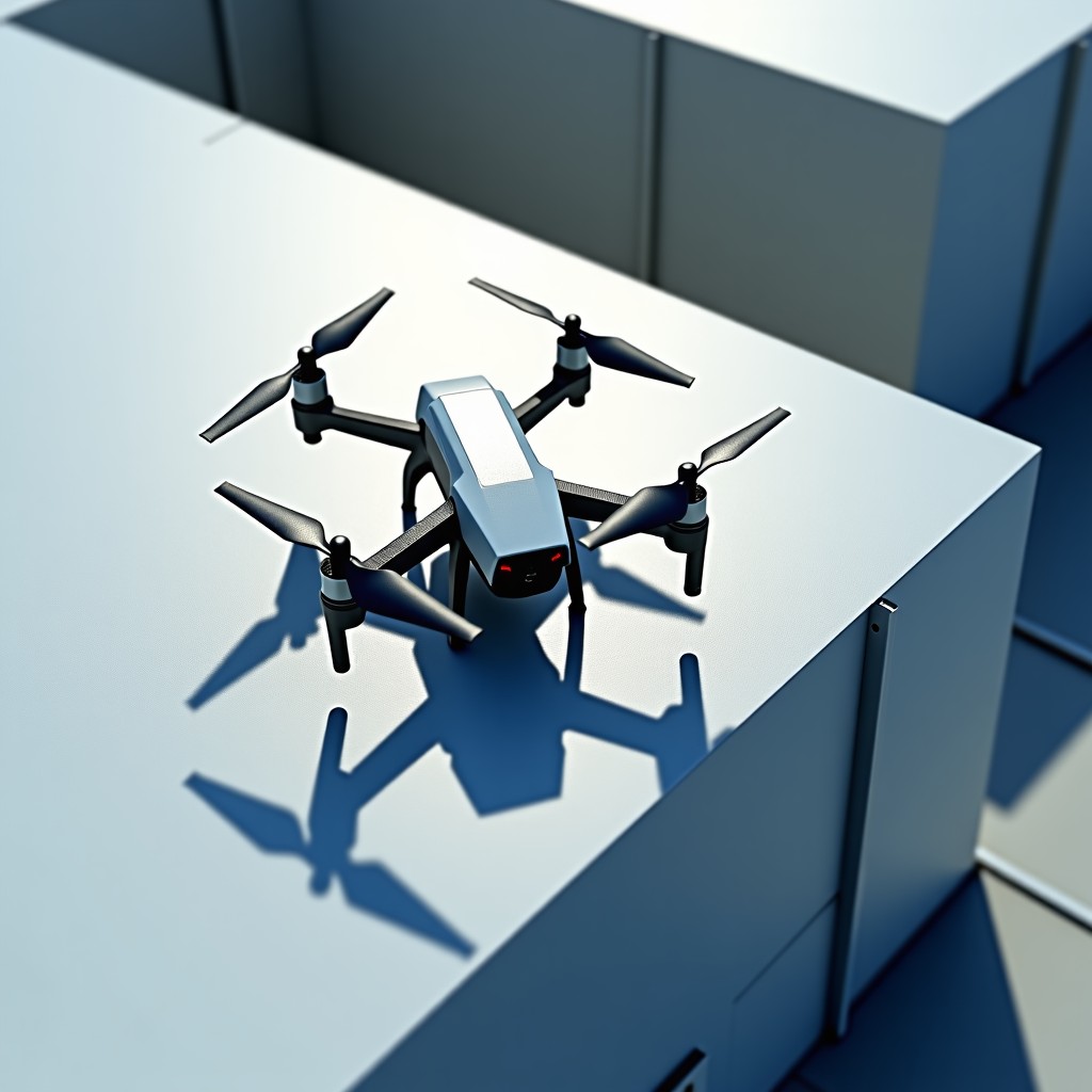 Advanced drone technology applying protective coating on a building surface, industrial construction setting, high detail, 4:3