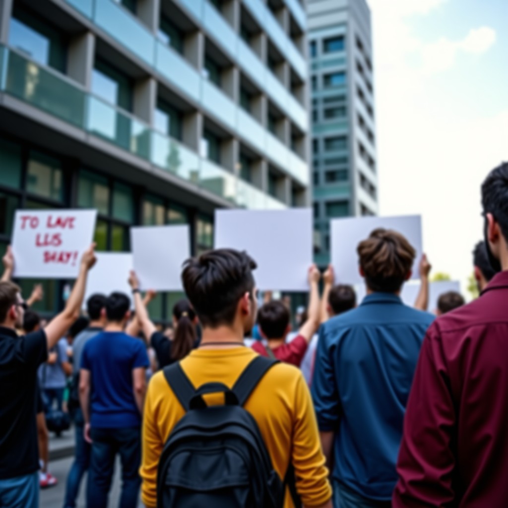 Diverse community members holding signs protesting in front of a modern server building, soft daylight, cinematic photography, 16:9 aspect ratio.