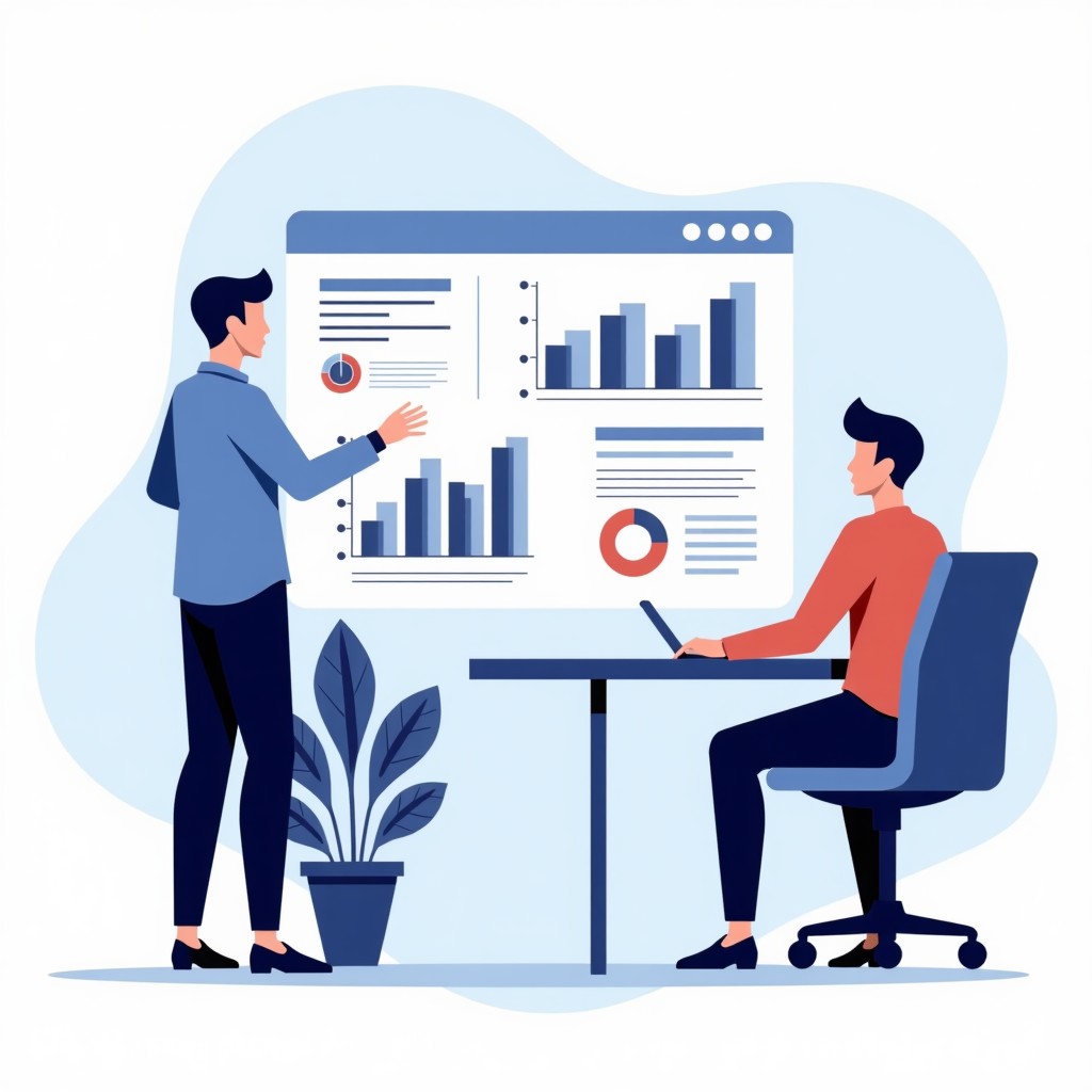 A professional digital interface showing team collaboration workspace with charts and documents, clean design, soft blue and gray color palette, high resolution, 4:3