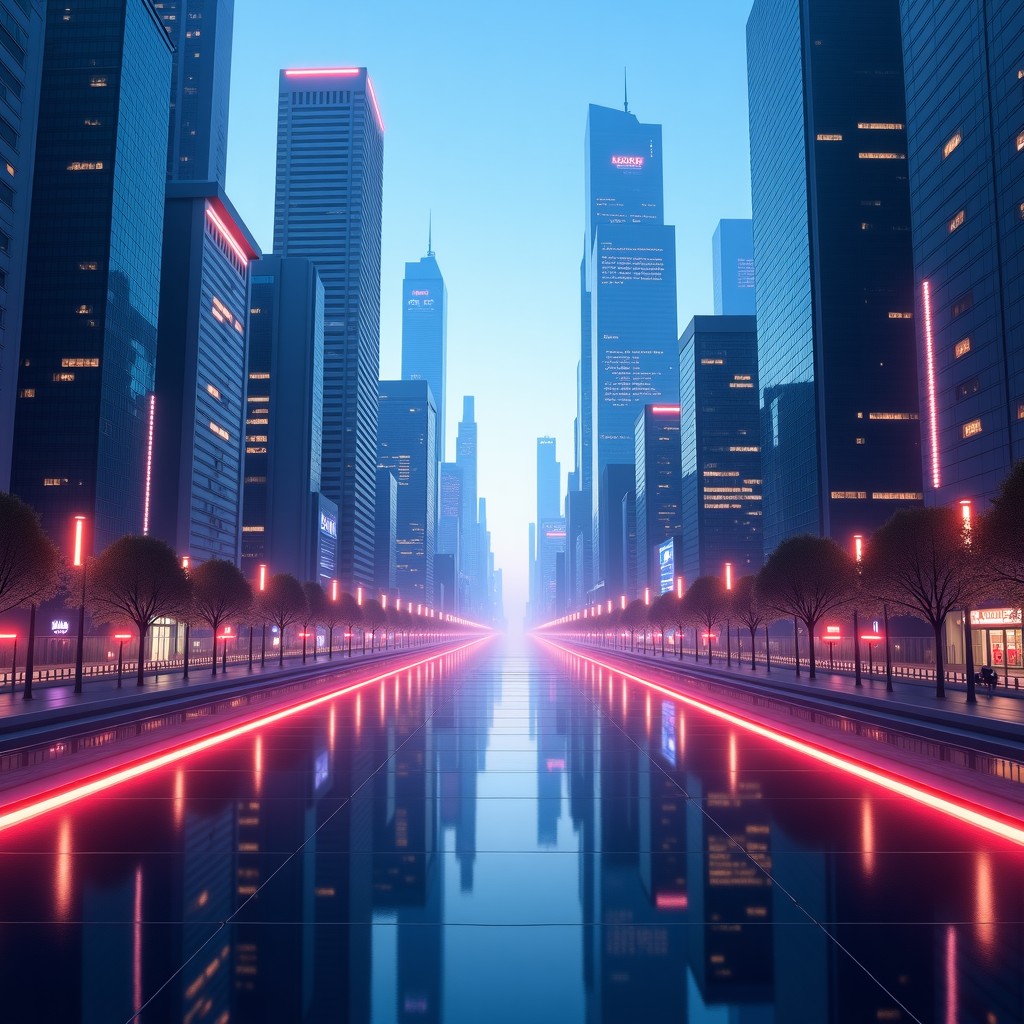 Futuristic cityscape reflecting technological advancements and digital connectivity, vibrant and balanced lighting, wide angle, 4:3 aspect ratio