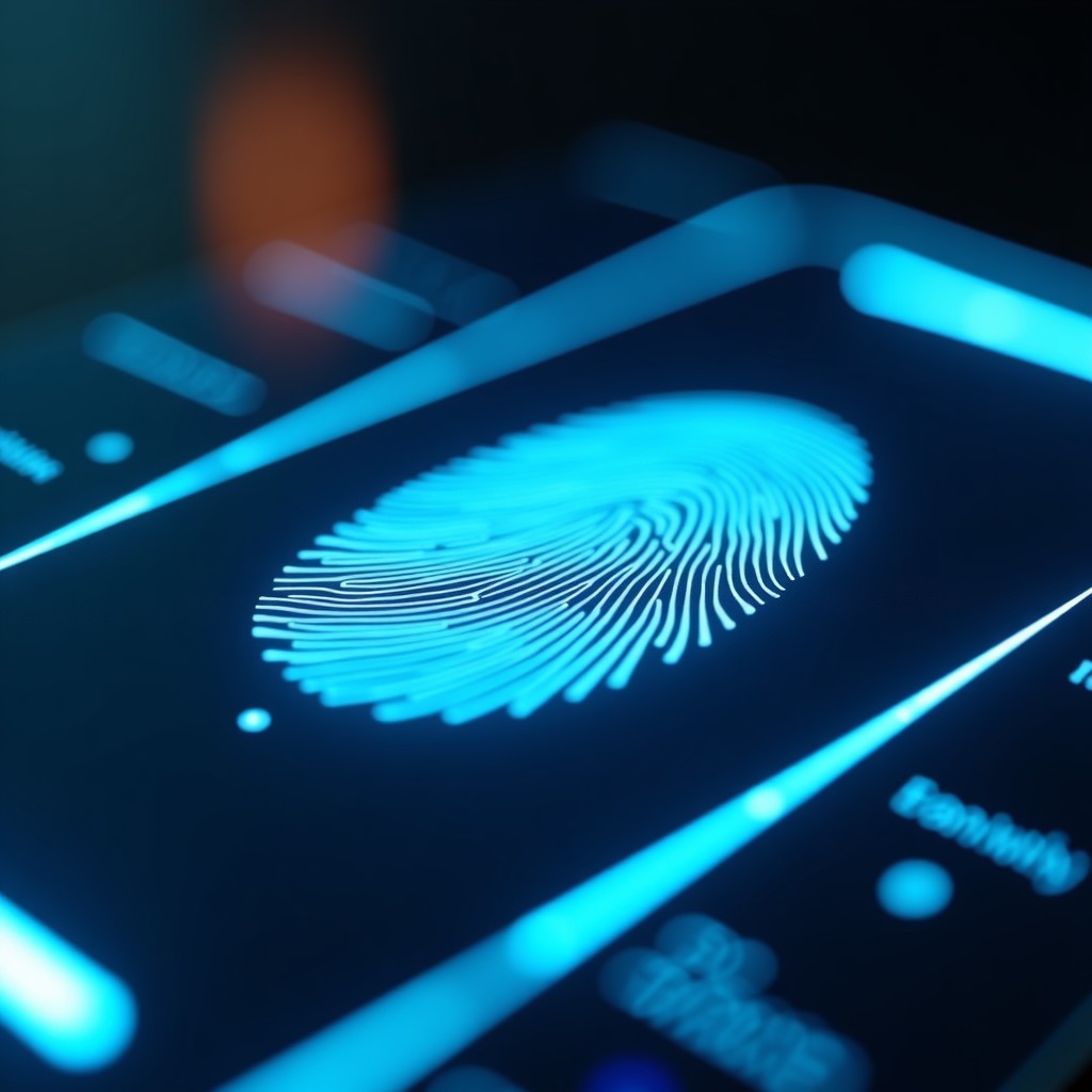 Close-up of a holographic human fingerprint scan on a sleek glass interface, minimalist technology aesthetic, glowing neon lights, professional and sophisticated look, 16:9 ratio.