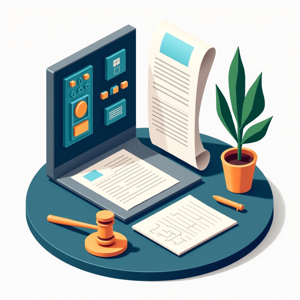 A stylized representation of legal documents and circuit boards combined, professional atmosphere, neutral background, realistic style, 4:3