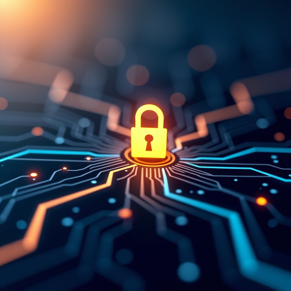 Abstract representation of secure data privacy, lock and shield symbols integrated into a digital circuit, warm golden and cool blue lighting, high quality, realistic render, 16:9 ratio.