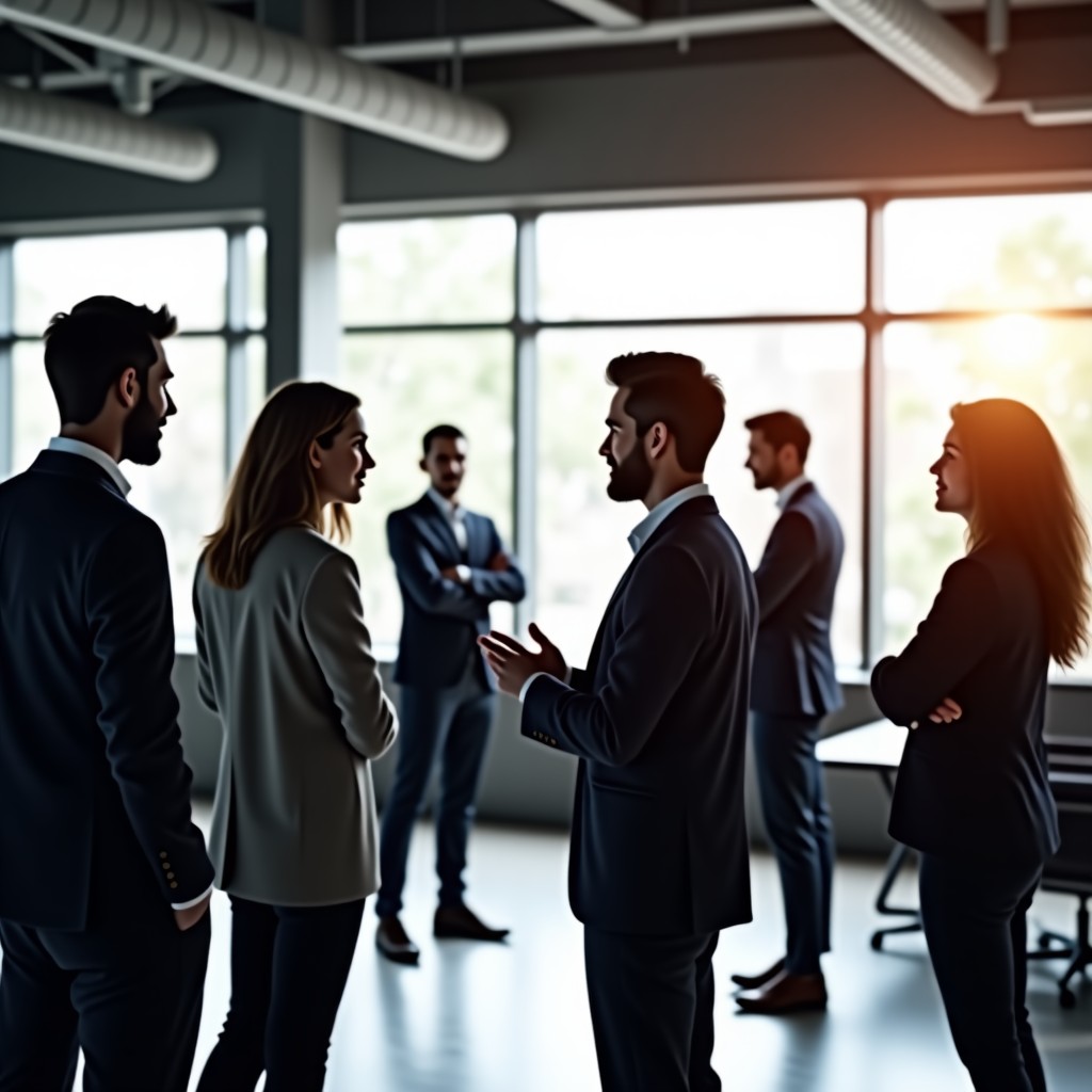 A group of diverse people in a modern open space office, interacting and collaborating with each other, natural light, realistic photography, 16:9 ratio.