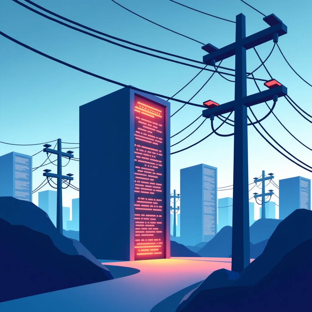 A conceptual visualization of power grid lines connecting to a server building, clean graphic style, modern urban architecture, balanced composition, 4:3