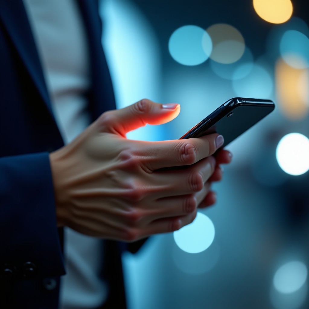 A close up shot of a person using a fingerprint sensor on a smartphone, blurred background with technical aesthetic, clean and modern lighting, high quality 4:3