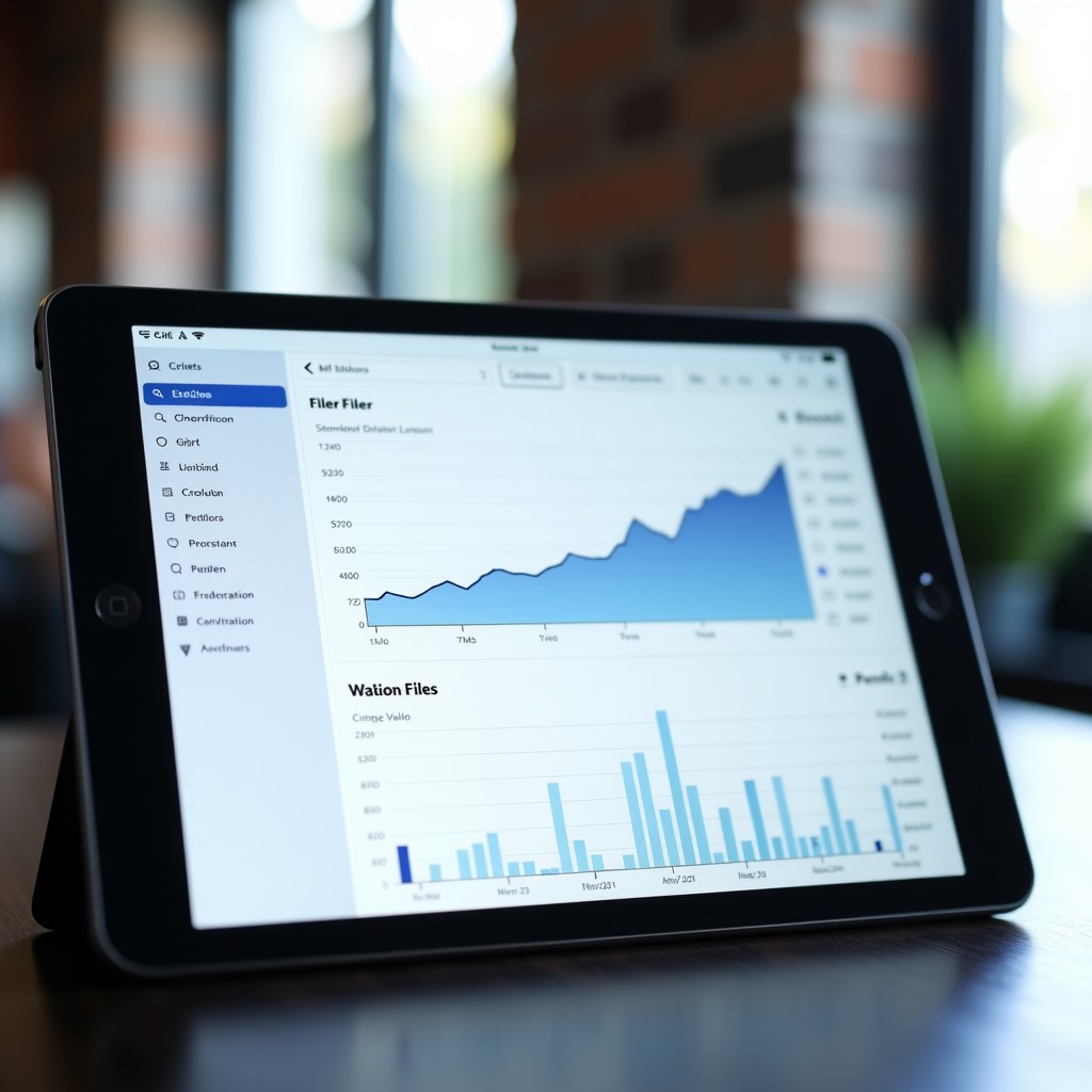 Clean minimalist analytical interface on a tablet screen, showing filter menus and trend lines, modern technology aesthetic, shallow depth of field, 4:3