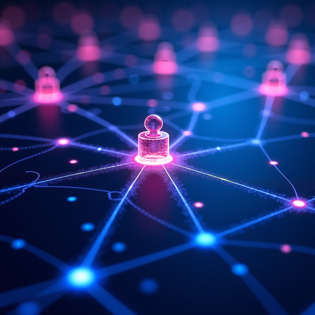 Abstract representation of network nodes interconnected with glowing lines, digital security infrastructure, high-tech environment, vibrant blue and purple color palette, 16:9 aspect ratio