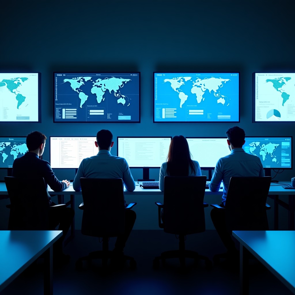 A professional workspace showing clean screens with complex data patterns, people working on cybersecurity, modern office lighting, cinematic atmosphere, 16:9 aspect ratio