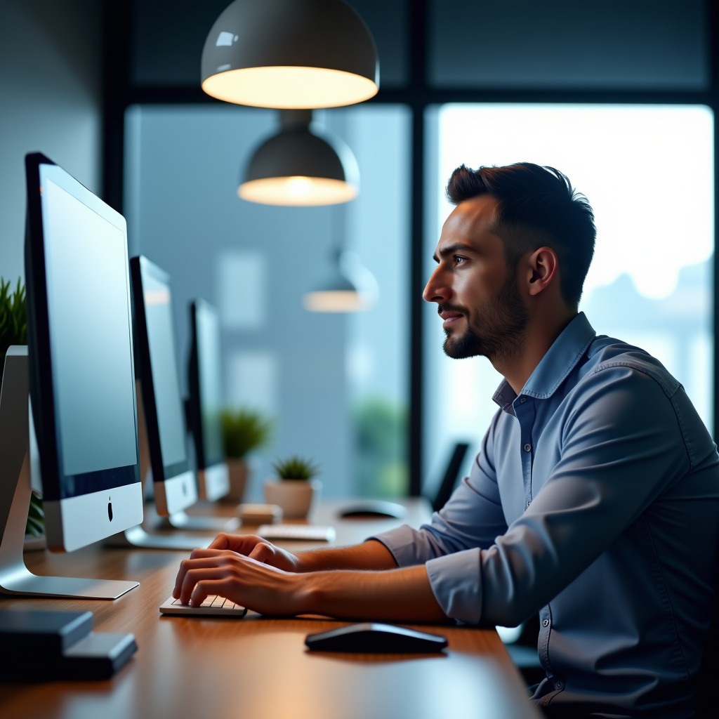 A person working in a modern digital office, focus on creative strategy, clean design, bright lighting, high quality, 4:3