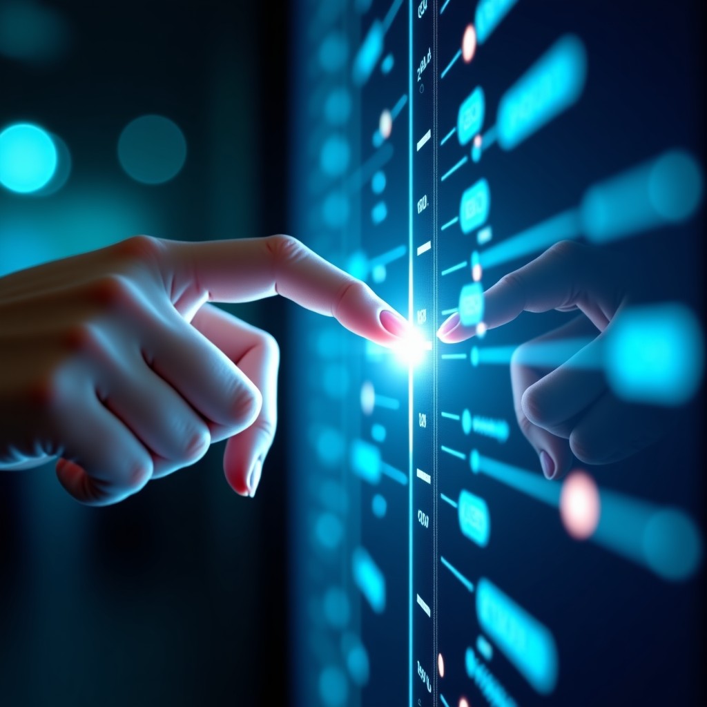 A futuristic security interface showing a biometric scanner interface with light particles representing data verification, high tech aesthetic, clean sharp focus, 4:3