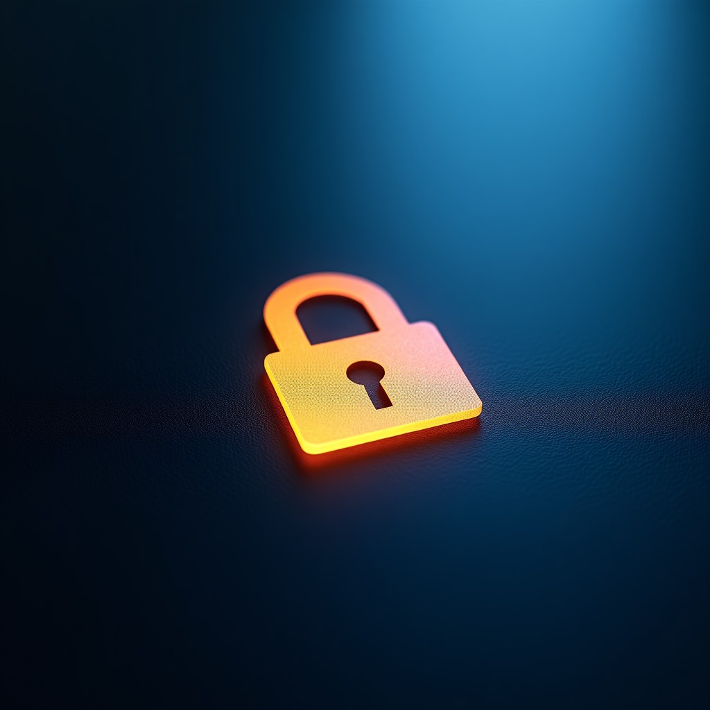 A close up conceptual shot of a digital lock icon made of light on a dark textured surface symbolizing privacy and secure access, clean photography, 4:3
