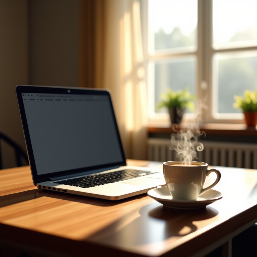 A clean table set with a laptop and a steaming cup of coffee in a bright cozy room symbolizing real human connection and meaningful online conversation, warm lighting, 4:3