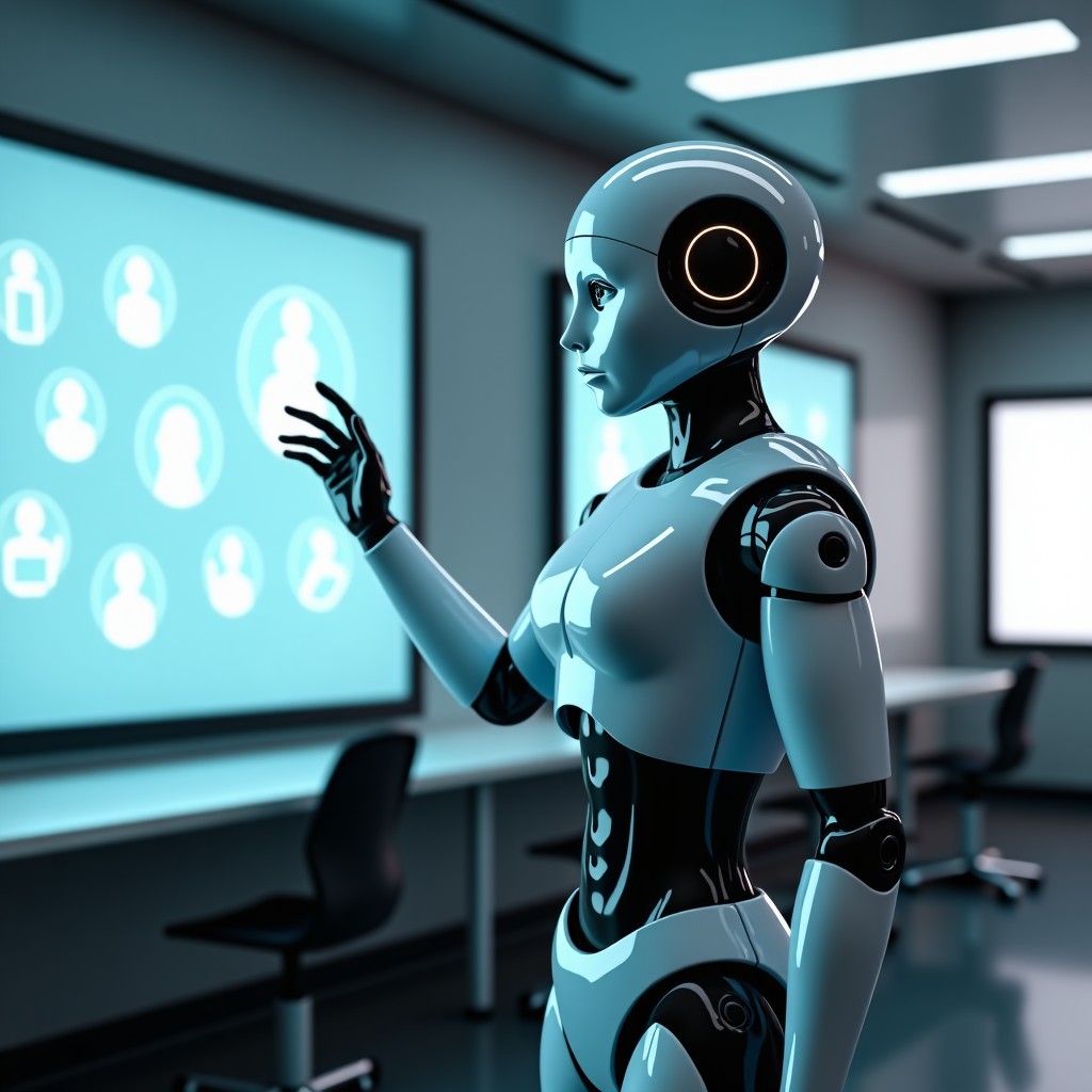 A futuristic classroom setting with a sleek humanoid robot interacting with educational holograms, high-tech interior, minimalist design, soft ambient lighting, cinematic photography, 4:3.