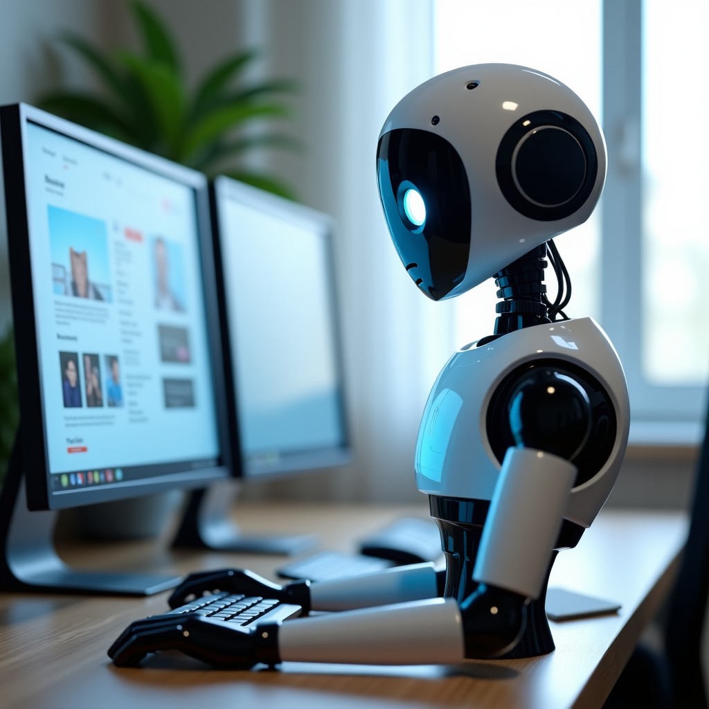 A advanced humanoid robot standing next to a study desk with educational screens, clean technology aesthetics, soft focus background, realistic high-quality photography, 4:3.