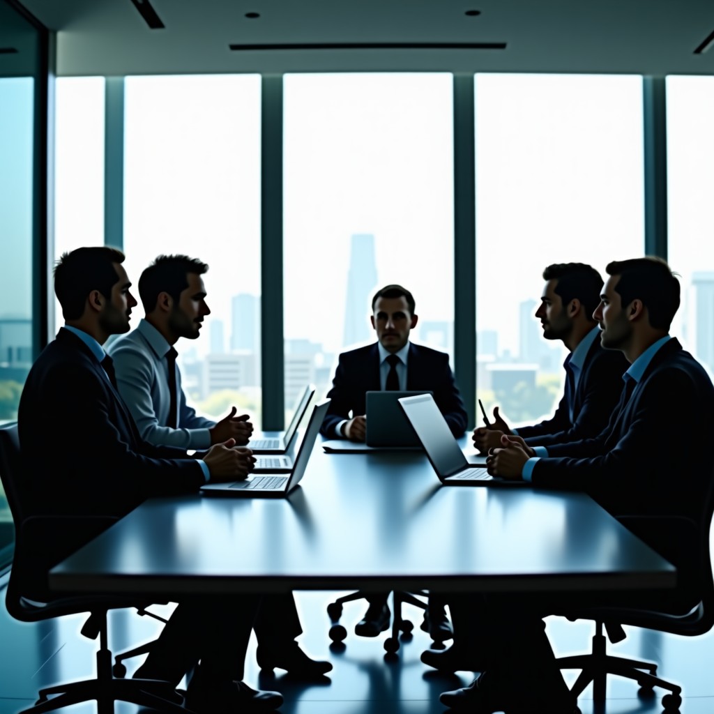 Professional office meeting, modern glass interior, soft natural lighting, high-quality photography, 4:3 aspect ratio