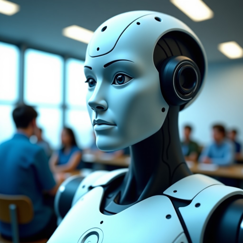 Close-up of a high-tech robotic head with a thoughtful expression in an educational setting, clean background, blue and silver color palette, cinematic focus, 4:3.