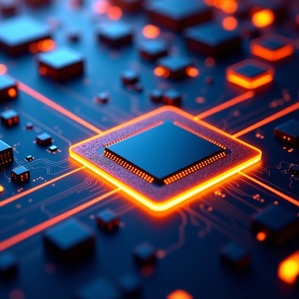 Close-up of a modern processor chip with glowing digital pathways, intricate details, realistic engineering photography, 4:3 aspect ratio.