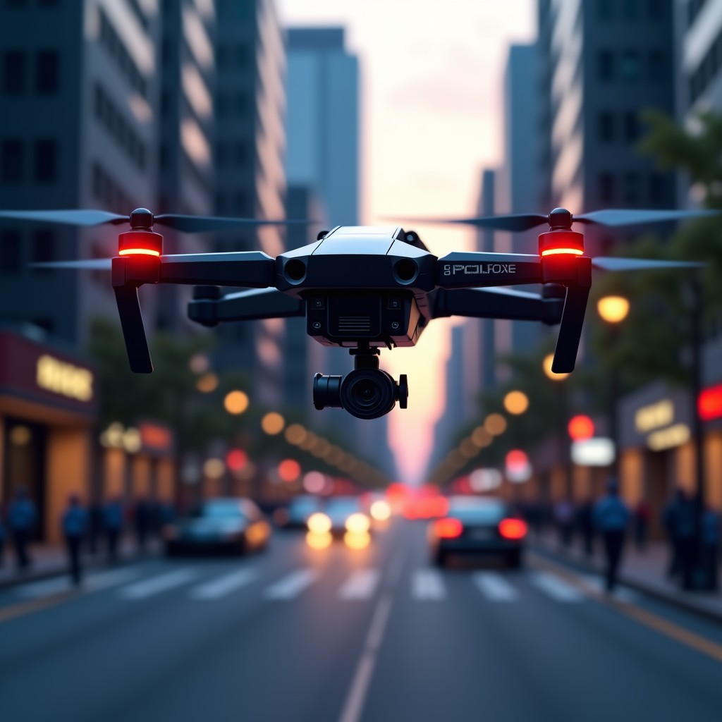 A futuristic police drone hovering above a modern city street at dusk, cinematic lighting, sleek design, high-tech surveillance equipment, 4k, 4:3