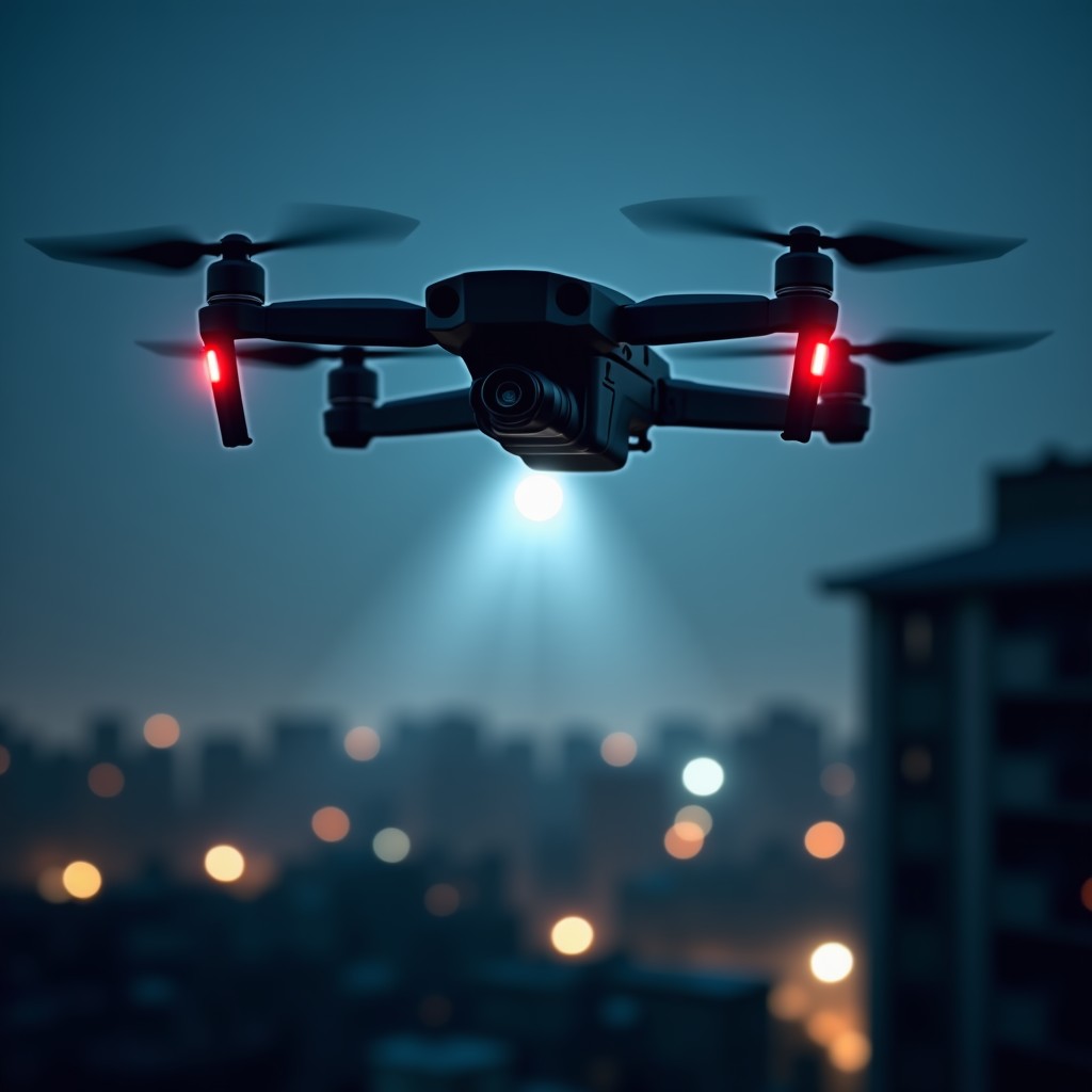 A tactical drone flying over a urban landscape at night with a spotlight beam, high-tech law enforcement concept, crisp detail, realistic photography, 4:3