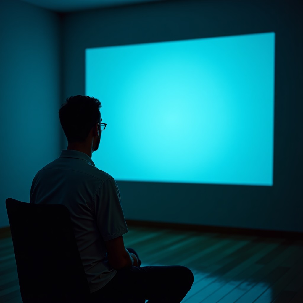 A professional therapist observing a man sitting in front of a digital screen projection, atmospheric, soft moody lighting, realistic style, 4:3