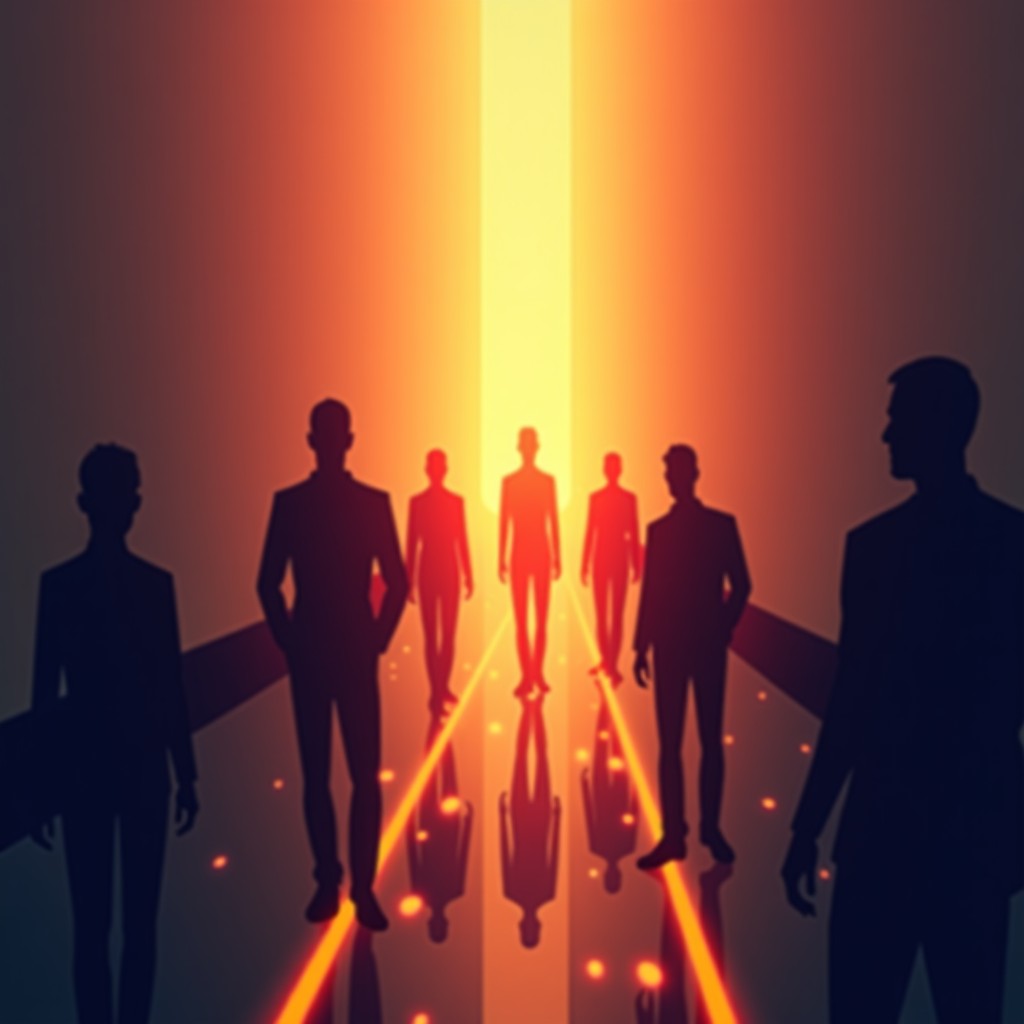 Abstract representation of digital connections fading into empty silhouettes, warm and cool color contrast, high detail, 4:3