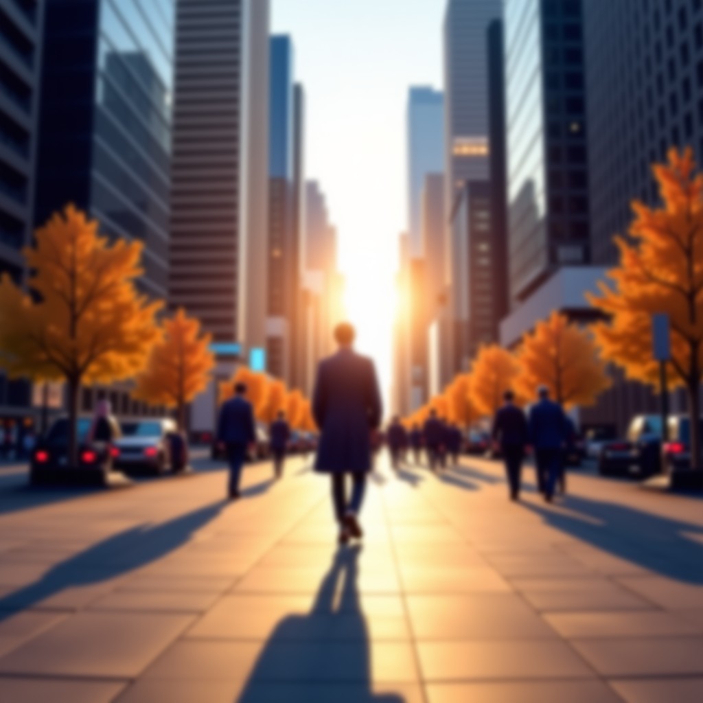 A person walking towards a bright, vibrant city square, blurred background, hope, realistic, 4:3