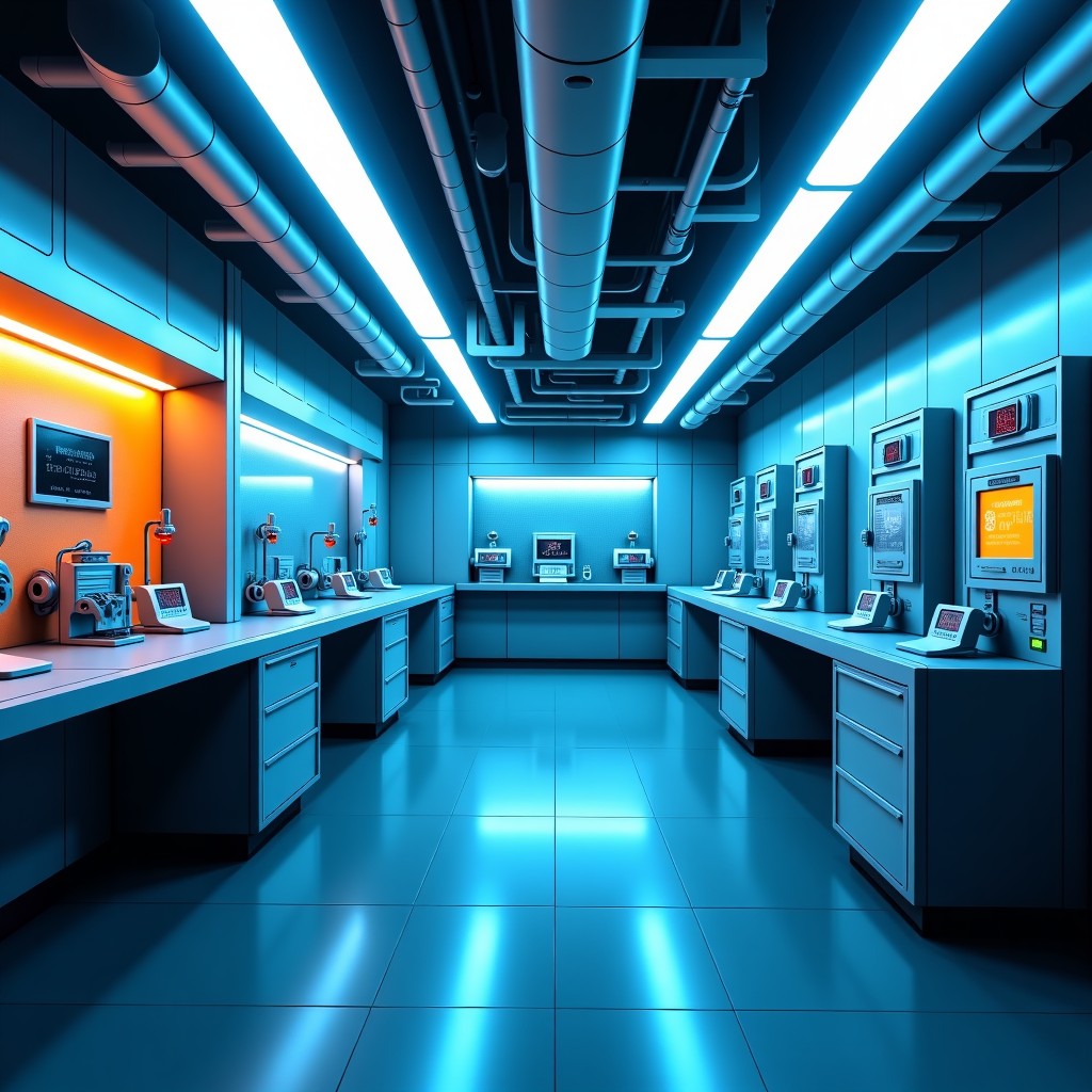 Clean high-tech laboratory environment with advanced robotic components and circuit boards, blue and orange ambient lighting, 4:3
