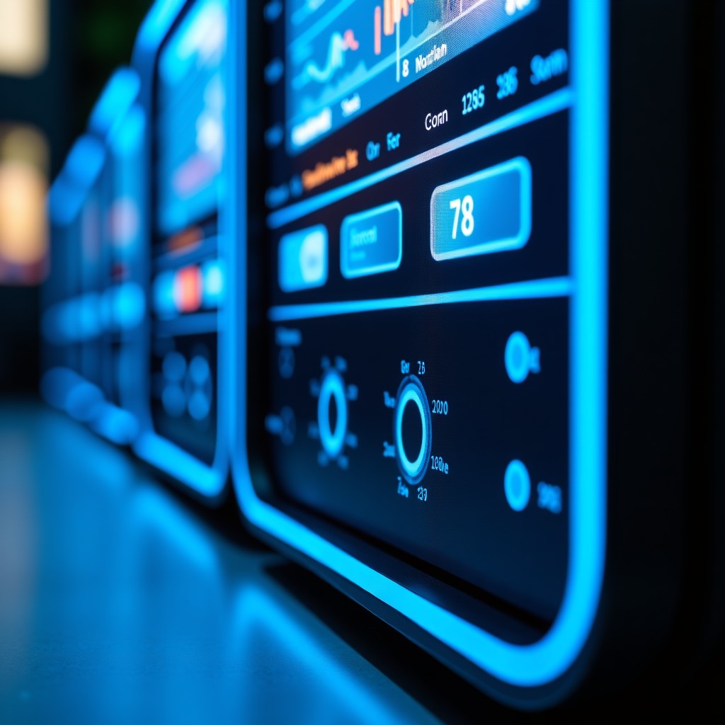 Close-up of a high-end workstation with data processing interfaces, clean and sophisticated aesthetic, blue and silver color tones, 4:3