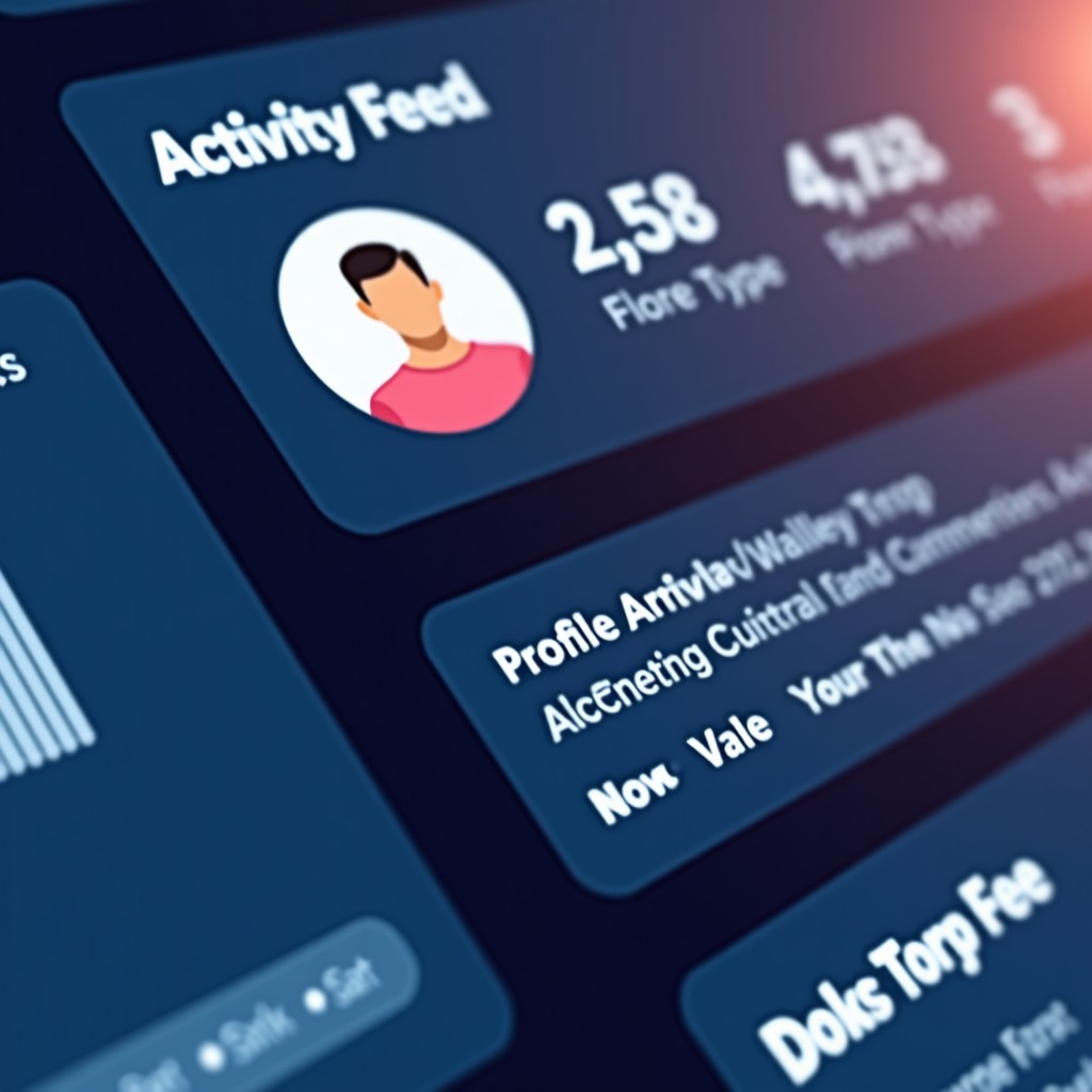 Close up of a digital UI component showing a profile activity feed with clean typography, user friendly dashboard design, flat vector art style, 4:3