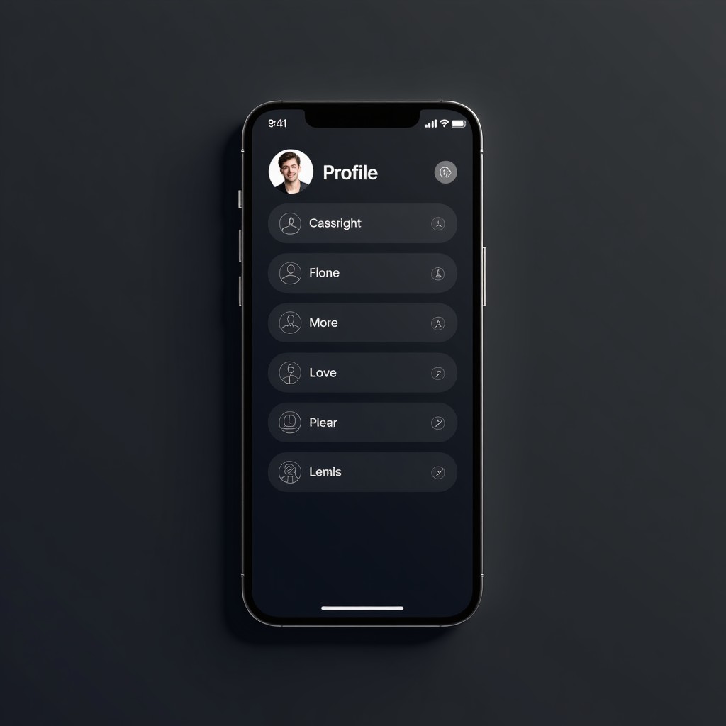 A smartphone screen displaying a profile editing interface with sleek dark mode design, minimalistic icons, professional and clean, 1:1